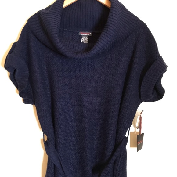 NWT Devoted XL Navy Blue Cowl Neck Short Sleeve Tunic Sweater - Picture 2 of 5